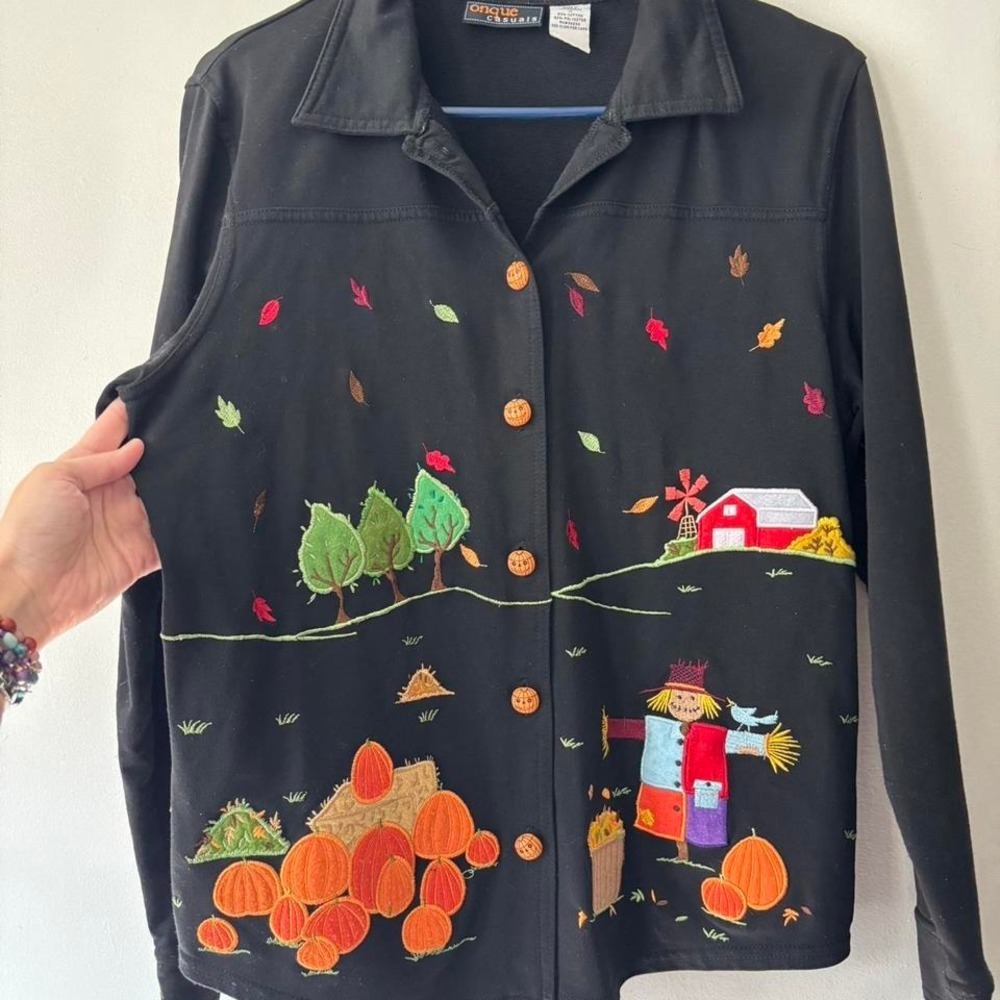 Vintage Grunge Black Embroidered Scarecrow Retro Pumpkin Fall Shirt - Medium - Picture 3 of 8